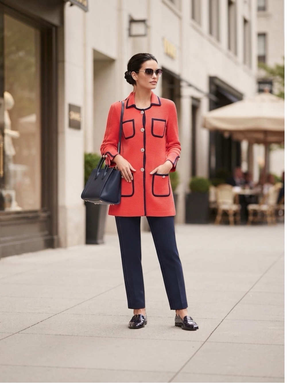 Misook Coral Red Black Trim Knit Button-Front Dress /Longline Blazer Jacket SZ M